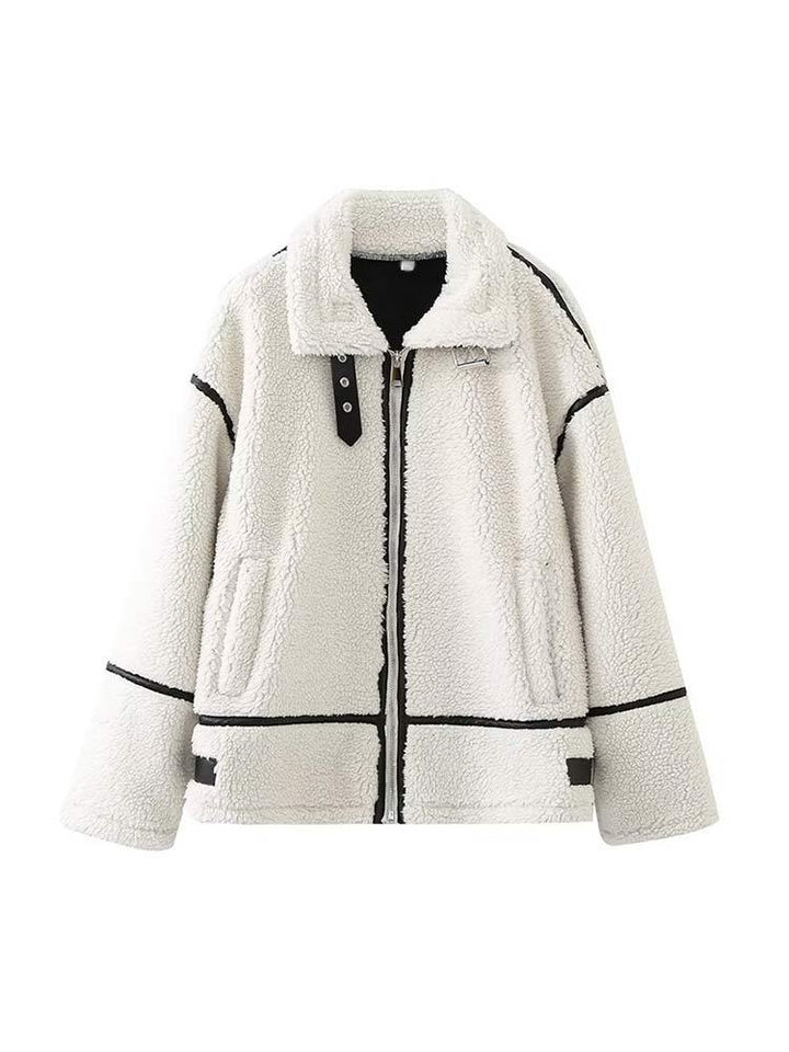 Damen gemütliche Teddy-Fleecejacke mit schickem Kragen Drune