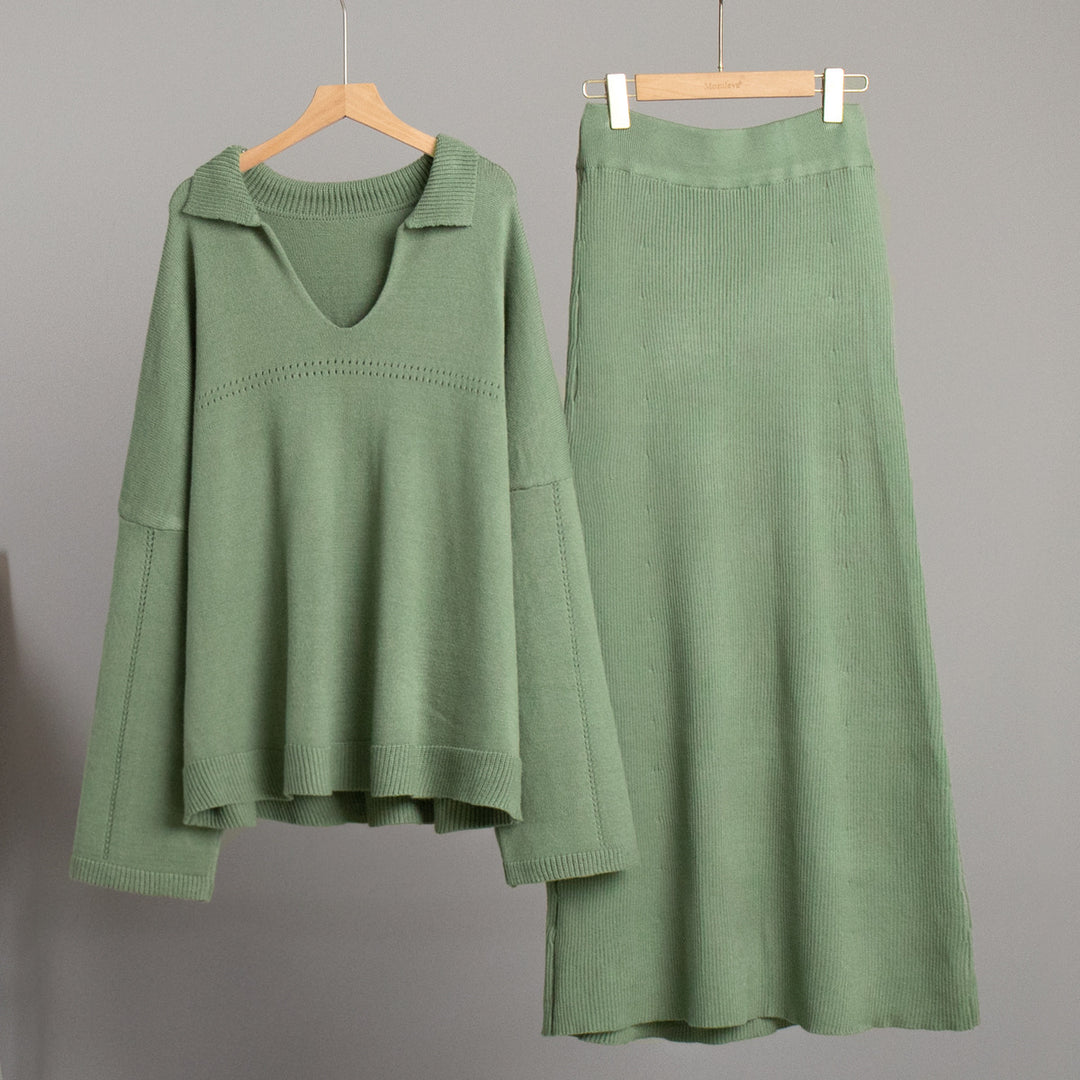 Damen Lässiger Pullover mit V-Ausschnitt und passendem Maxirock Drune