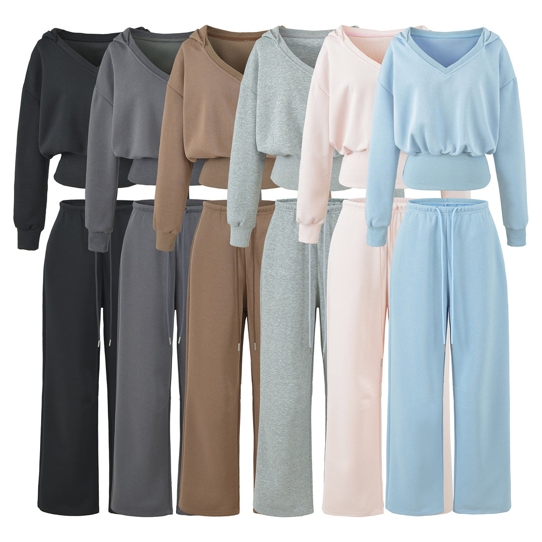 Damen Komfort-Lounge-Set mit kurzem V-Kapuzenpullover und hochgeschnittenen Weitbein-Joggern Drune