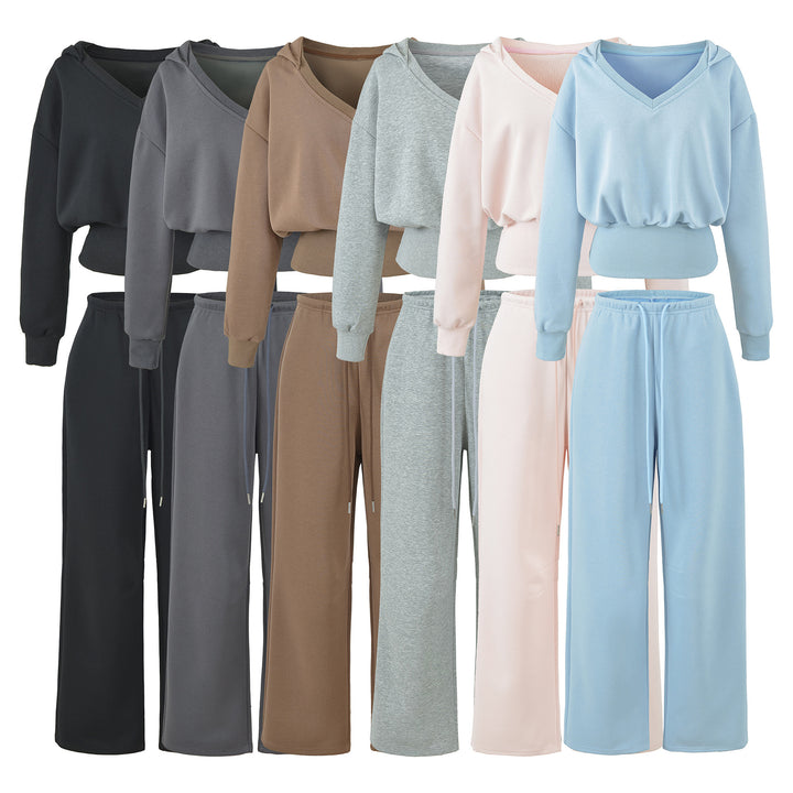 Damen Komfort-Lounge-Set mit kurzem V-Kapuzenpullover und hochgeschnittenen Weitbein-Joggern Drune