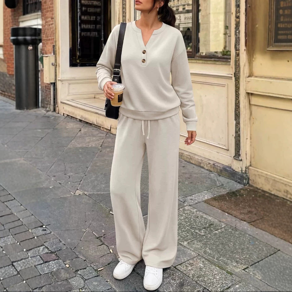 Damen Lounge-Set mit Henley-Kragen und palazzoweiter Jogginghose Drune