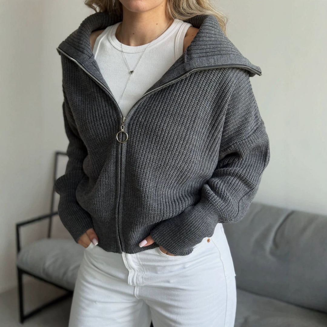 Damen Oversize Strickjacke mit Reißverschluss und hohem Kragen Drune