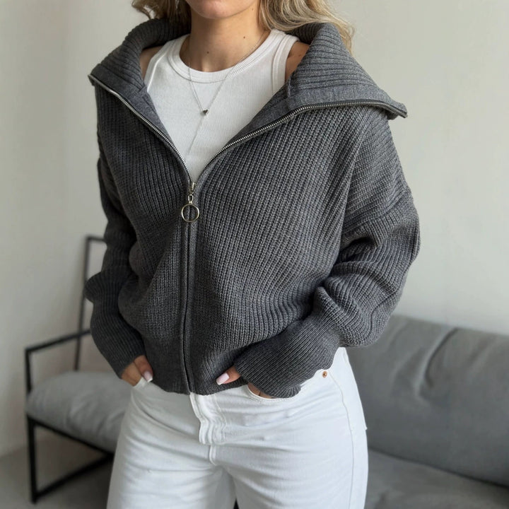 Damen Oversize Strickjacke mit Reißverschluss und hohem Kragen Drune