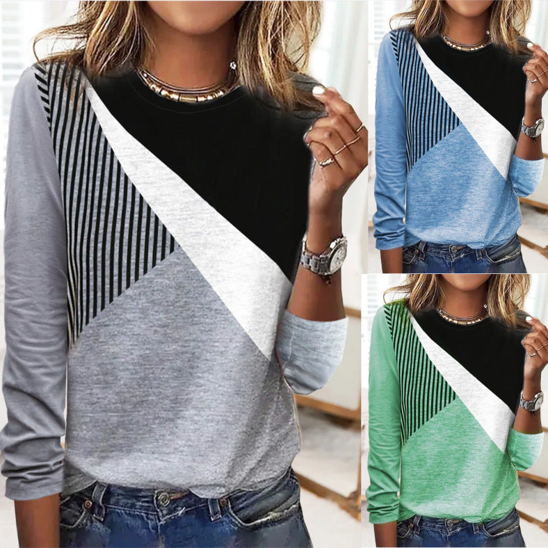 Damen Farbblock Langarmshirt mit schrägem Streifenmuster und Rundhalsausschnitt Drune