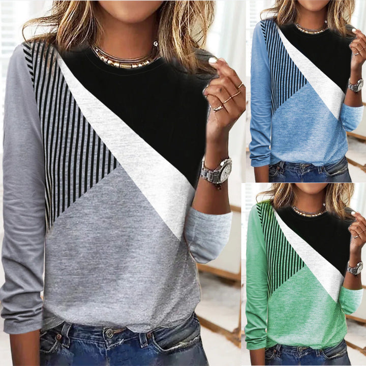 Damen Farbblock Langarmshirt mit schrägem Streifenmuster und Rundhalsausschnitt Drune