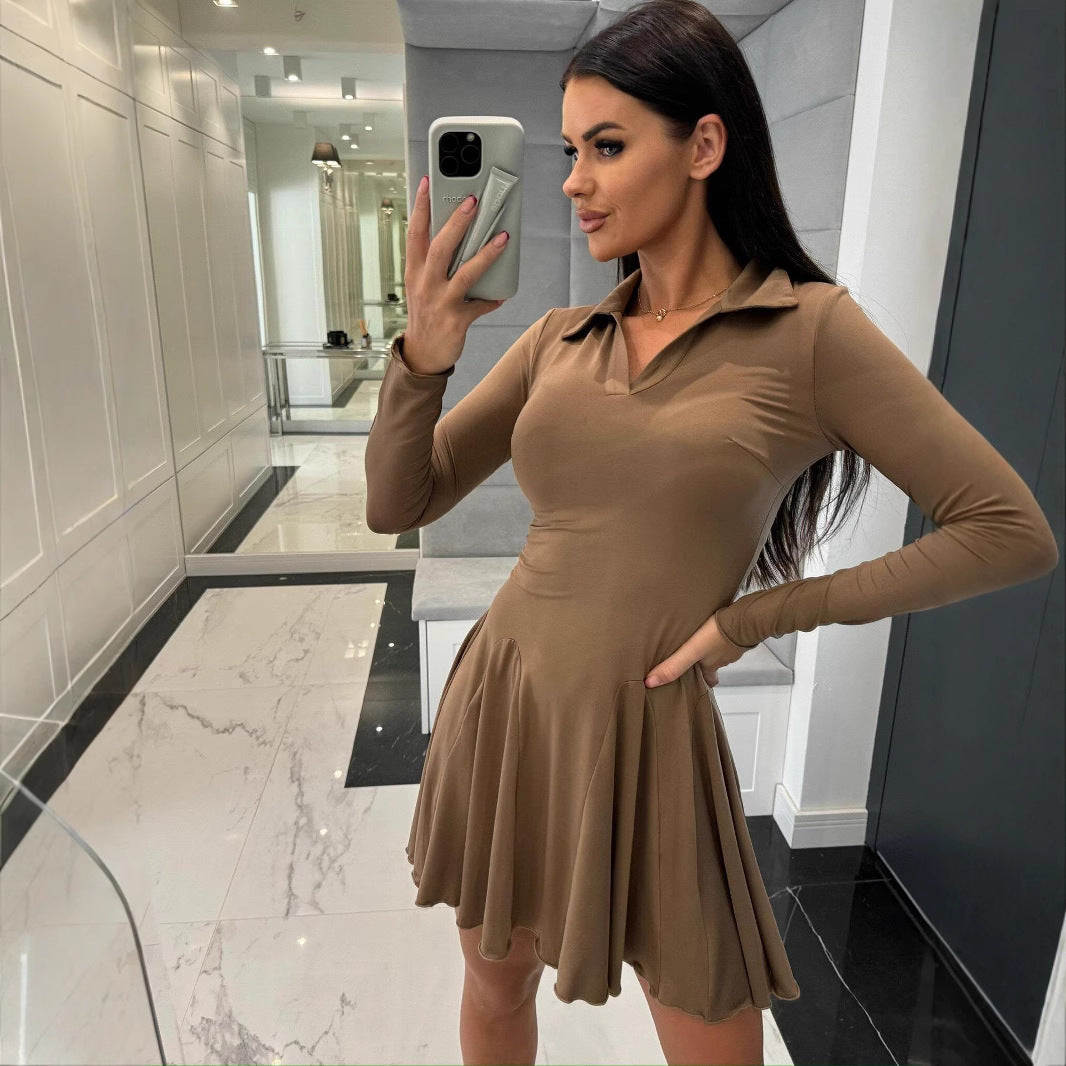 Damen A-Linien Kleid mit Polo-Kragen und schwingendem Rock Drune