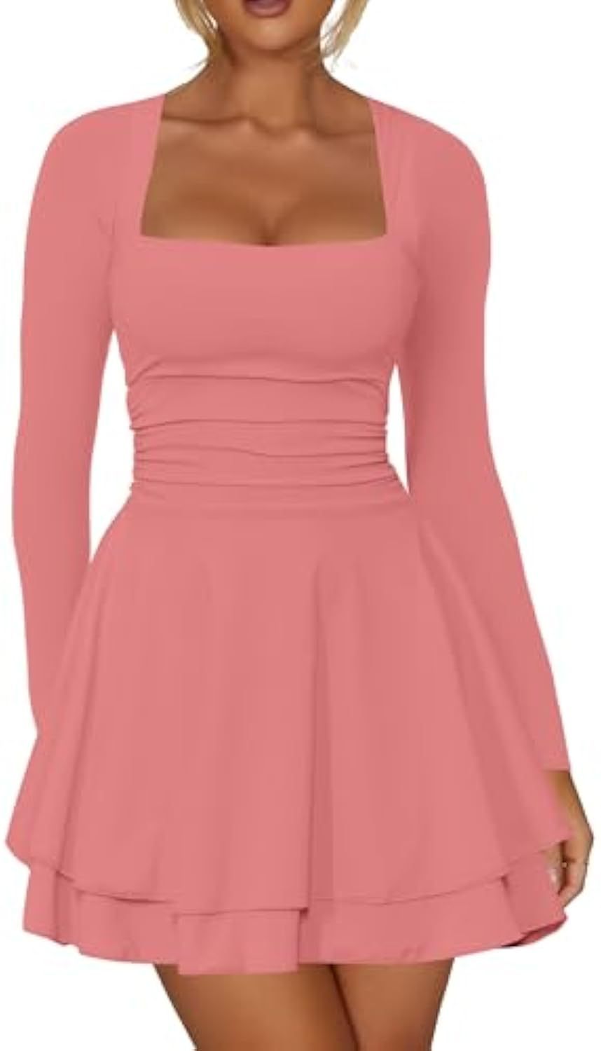 Damen Figurbetontes Jersey-Minikleid mit quadratischem Ausschnitt, taillierter Passform und Stufenrock Drune