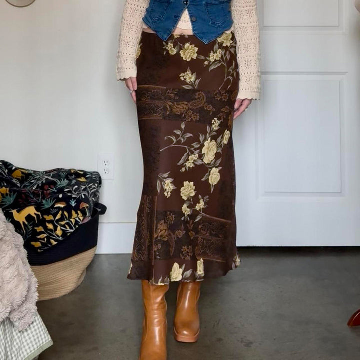 Damen Maxi-Rock mit floralem Design und transparenter Chiffon-Überlage Drune