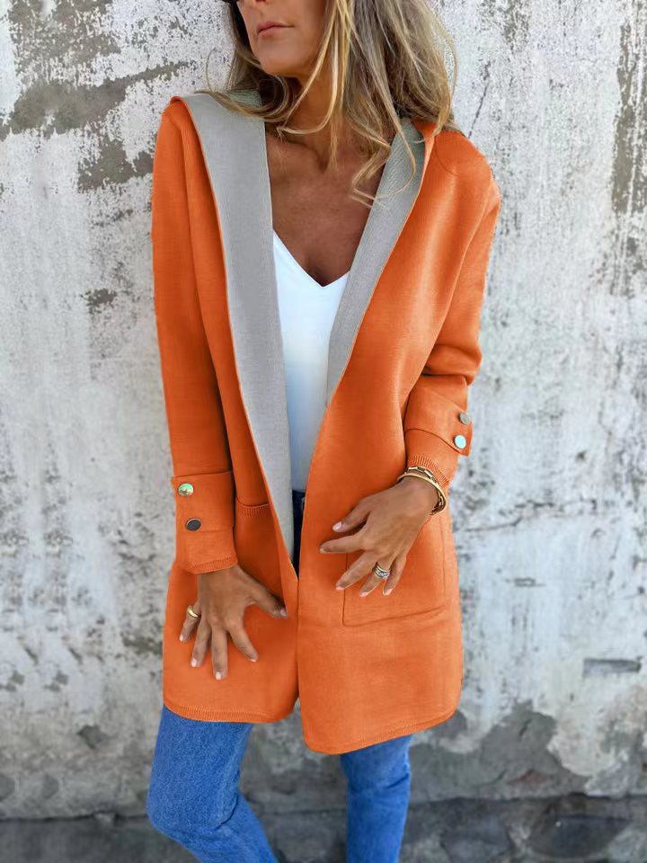 Damen modische Longjacke mit großzügiger Kapuze und praktischen Taschen Drune