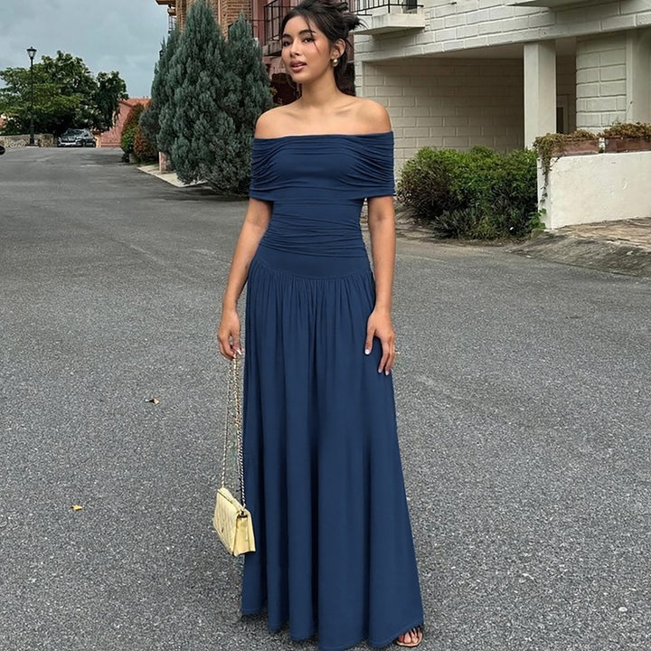 Damen Elegantes Maxikleid mit schulterfreiem Design und Raffung Drune