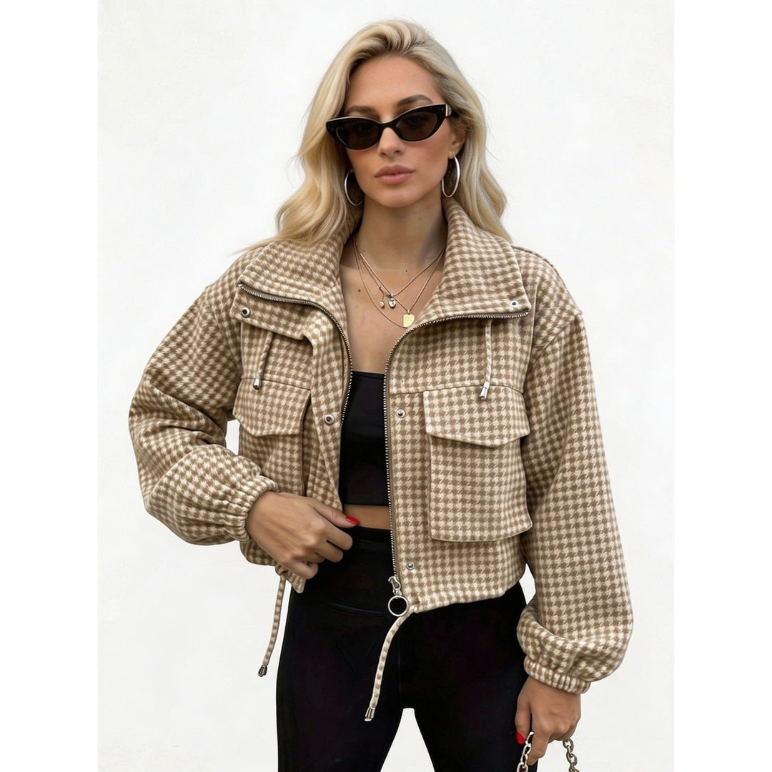 Damen Karo-Cropped-Jacke mit Stehkragen, Tunnelzug und elastischen Bündchen Drune