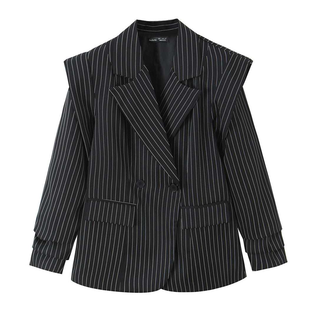 Damen Zweireihiger Oversize-Blazer mit markanten Schulterpolstern und Nadelstreifen Drune