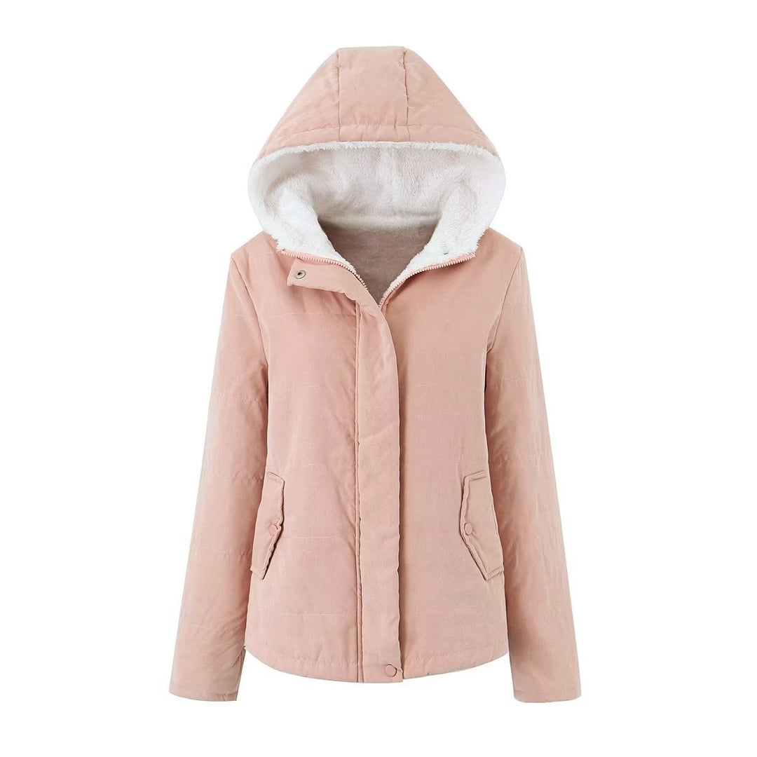 Damen nan gesteppte Kapuzenjacke mit kuscheligem Teddyfutter, verdeckter Reißverschluss und Pattentaschen Drune