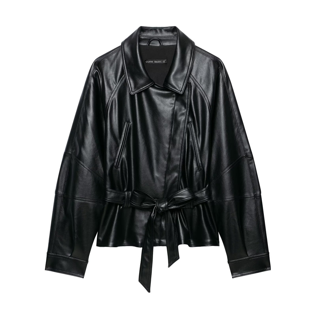 Damen Taillierter Kunstleder-Blazer mit Bindegürtel und Schalkragen Drune