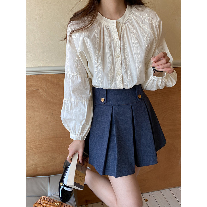 Damen Bluse mit Puffärmeln und feinem Stickdesign Drune