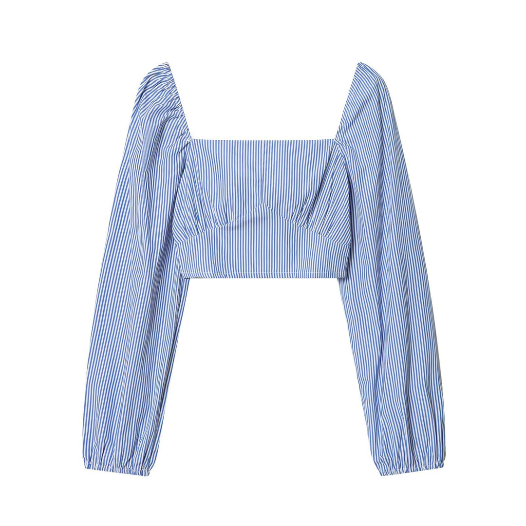 Damen Gestreifte Cropped‑Bluse mit quadratischem Ausschnitt und weiten Ballonärmeln Drune