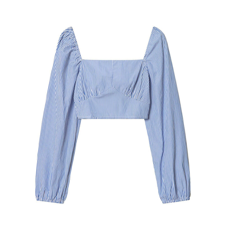 Damen Gestreifte Cropped‑Bluse mit quadratischem Ausschnitt und weiten Ballonärmeln Drune