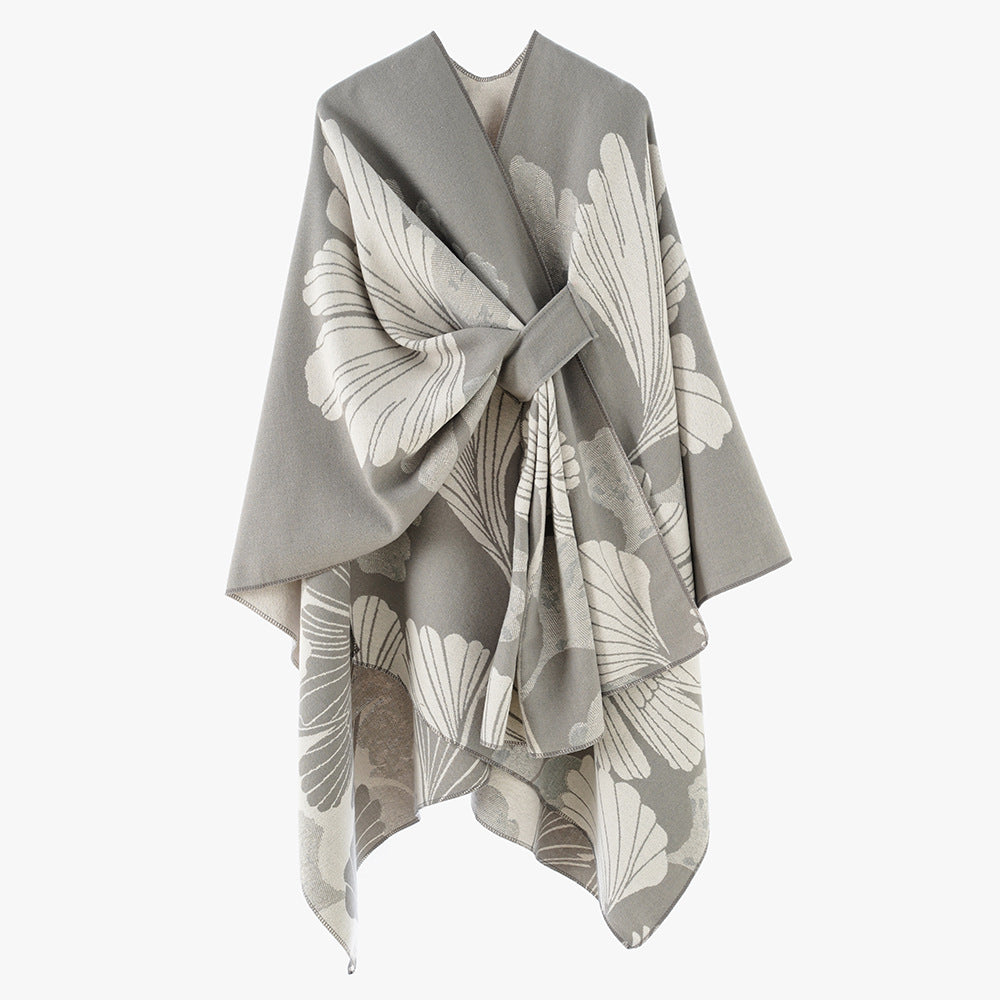 Damen Oversize-Jacquard-Cape aus Wollmix mit floralem Jacquard und Frontschlaufe Drune