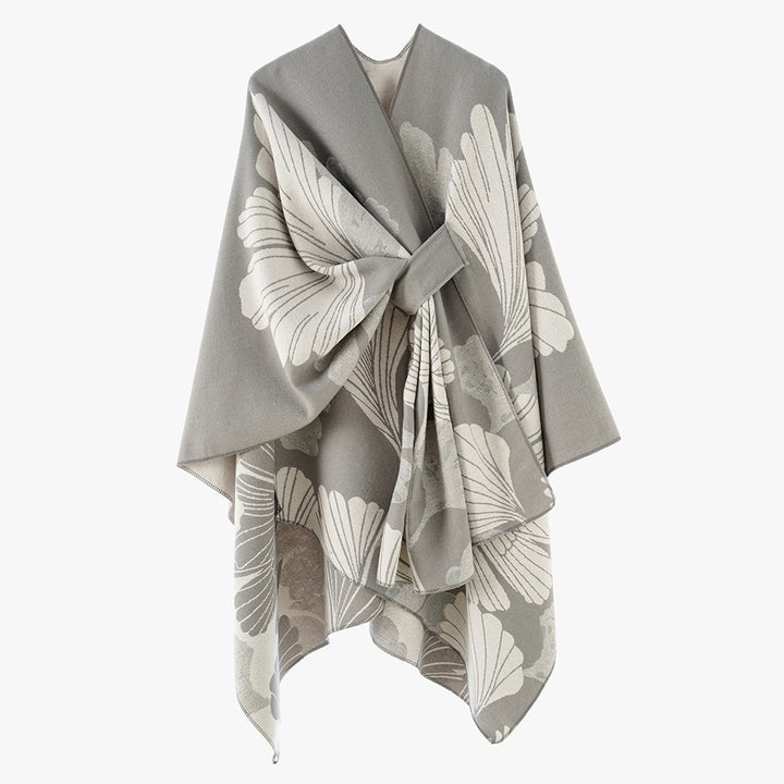 Damen Oversize-Jacquard-Cape aus Wollmix mit floralem Jacquard und Frontschlaufe Drune