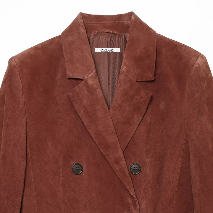 Damen Cropped zweireihiger Veloursblazer mit taillierter Passform und Leistentaschen Drune