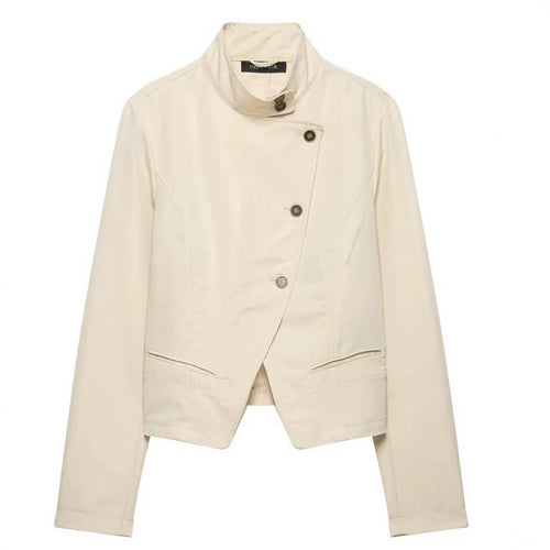 Damen Kurze taillierte Freizeitjacke im Blousonstil mit asymmetrischer Knopfreihe und Stehkragen Drune