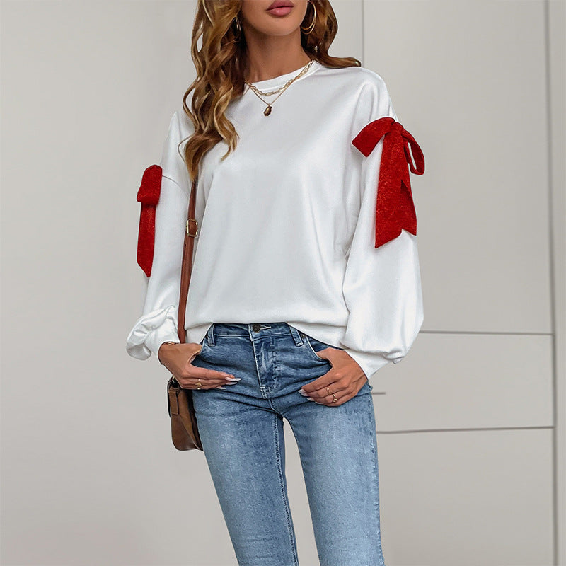Damen Sweatshirt mit Ballonärmeln und Schleifen-Applikation Drune