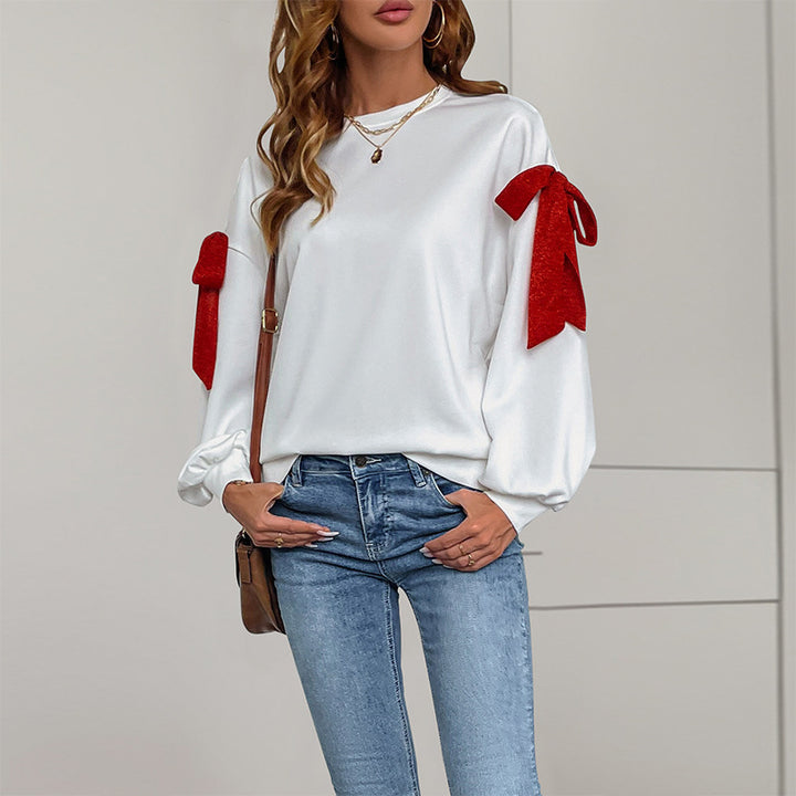 Damen Sweatshirt mit Ballonärmeln und Schleifen-Applikation Drune
