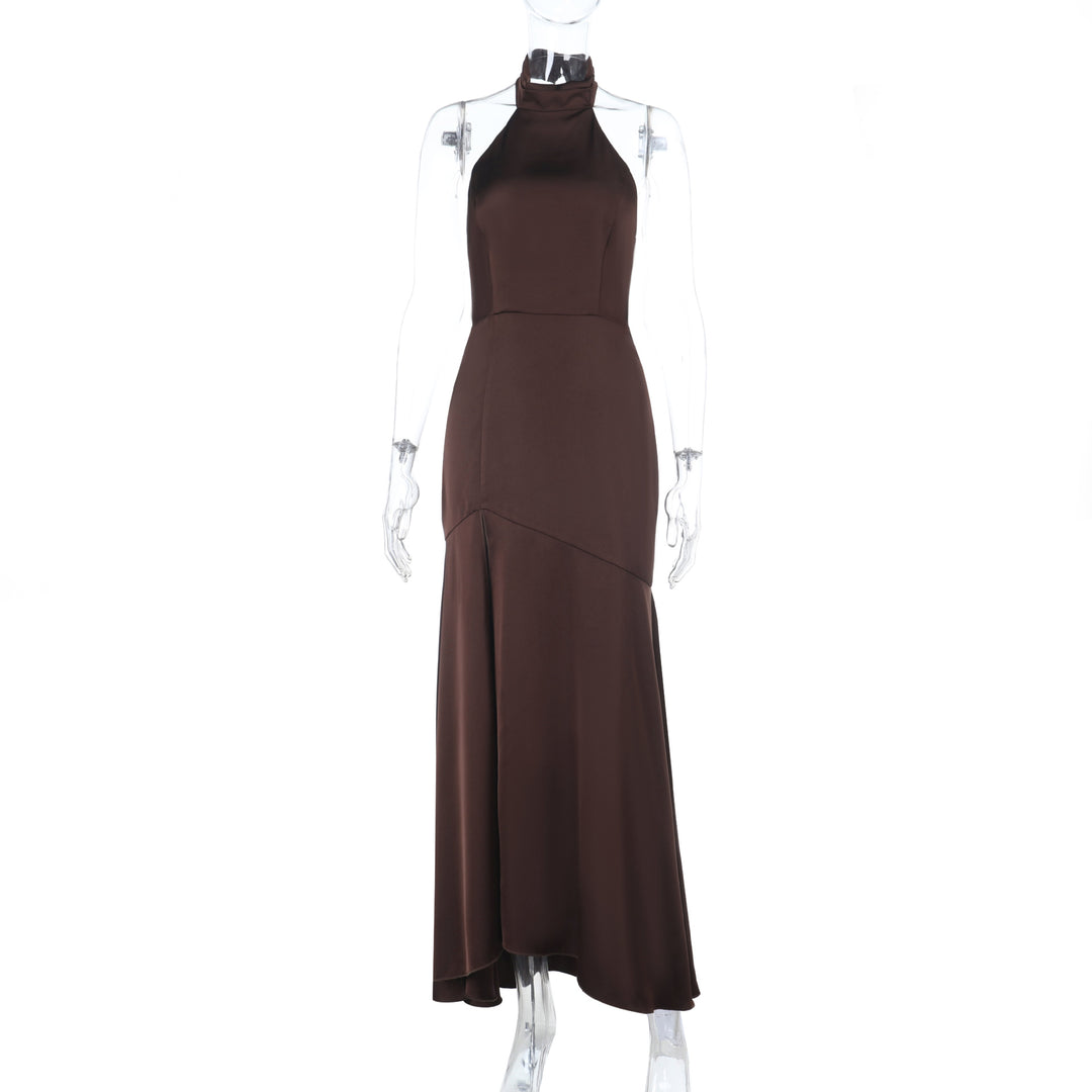 Damen elegantes Maxikleid mit hohem Kragen und fließendem Schnitt Drune