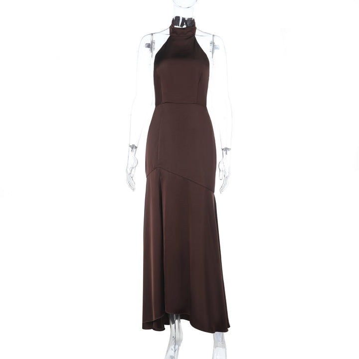 Damen elegantes Maxikleid mit hohem Kragen und fließendem Schnitt Drune