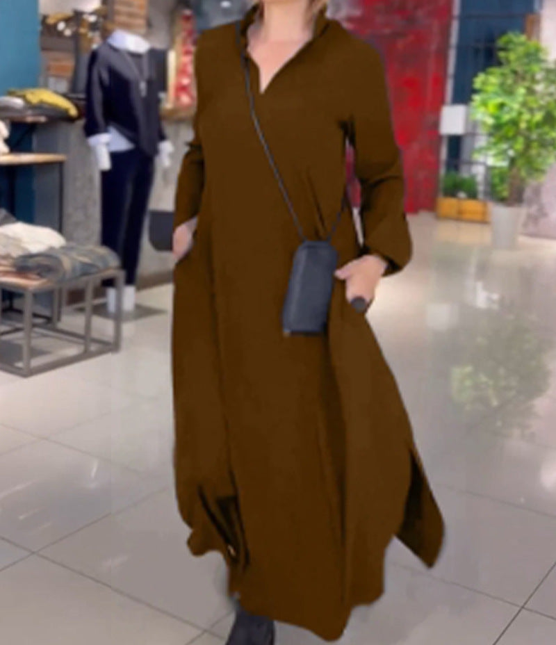 Damen Lange Maxi Kleid mit Stehkragen, Seitentaschen und Lockerem Fall Drune