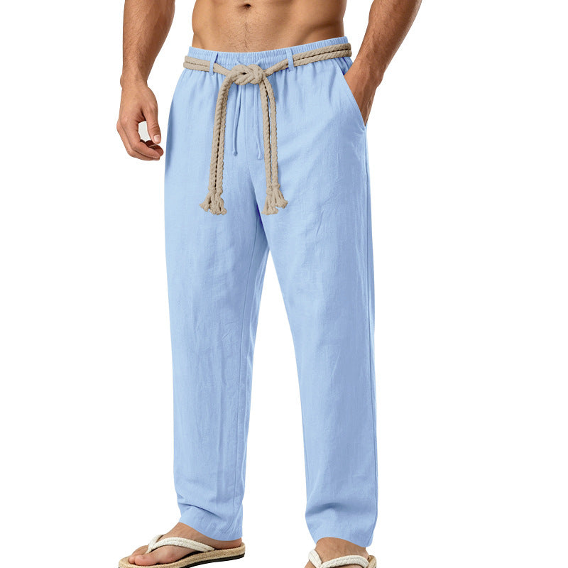 Herren lässige Leinen-Loungehose mit elastischem Bund, dekorativem Seilgürtel und Seitentaschen Drune