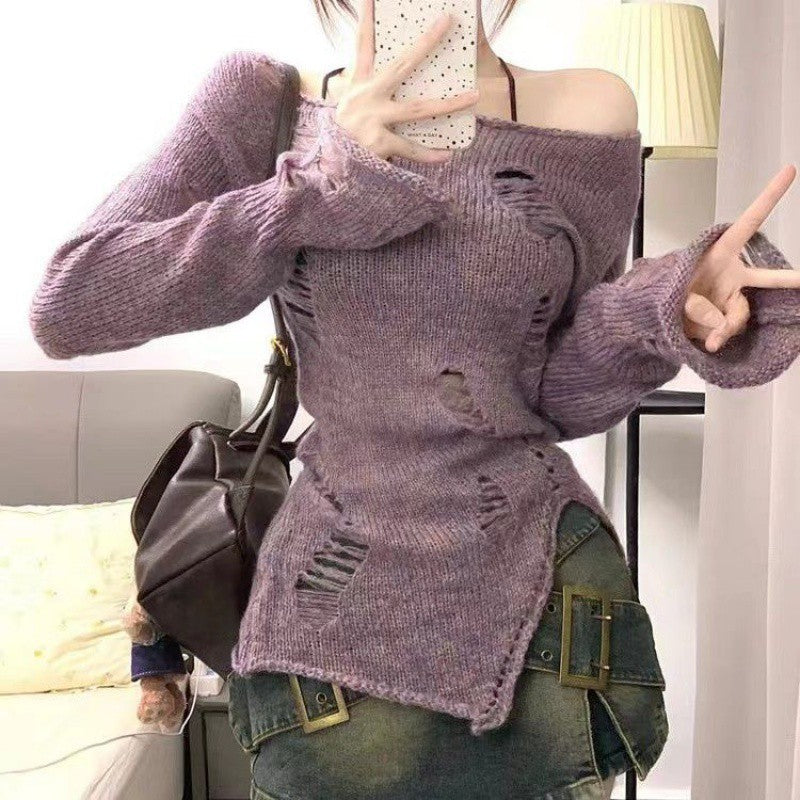 Damen stylischer Strickpullover mit lässigen Rissen und asymmetrischem Saum Drune