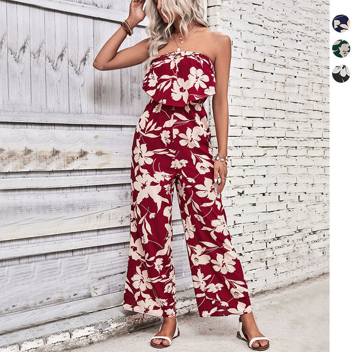 Damen luftiger Jumpsuit mit floralem Rüschenoberteil und weitem Bein Drune