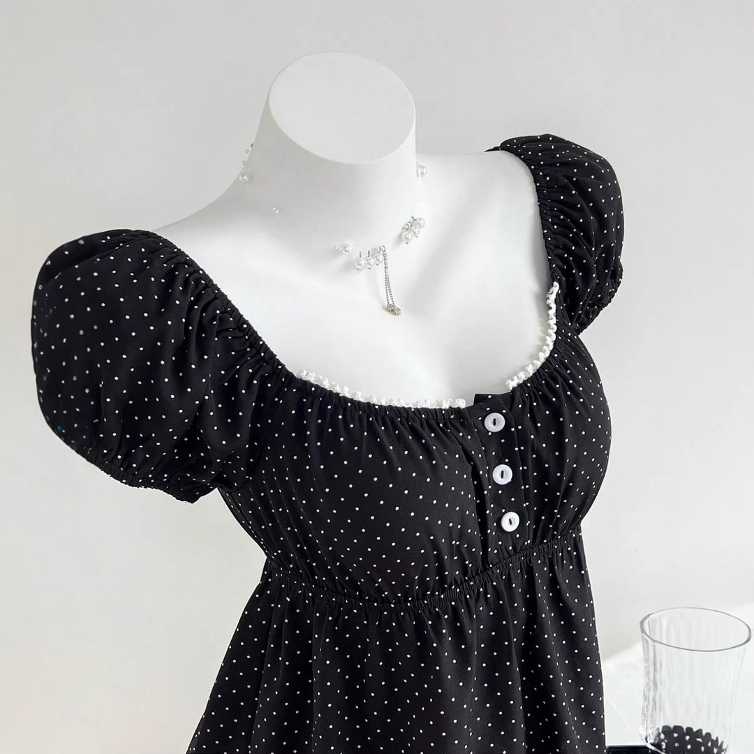 Damen Sommerkleid mit Puffärmeln und süßem Punkten Drune