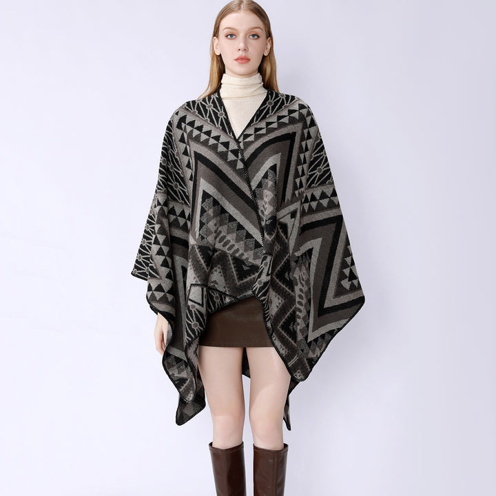Damen Strukturiertes Jacquard-Poncho-Überwurf mit grafischem Ethno-Muster und offenem Kimono-Fall Drune