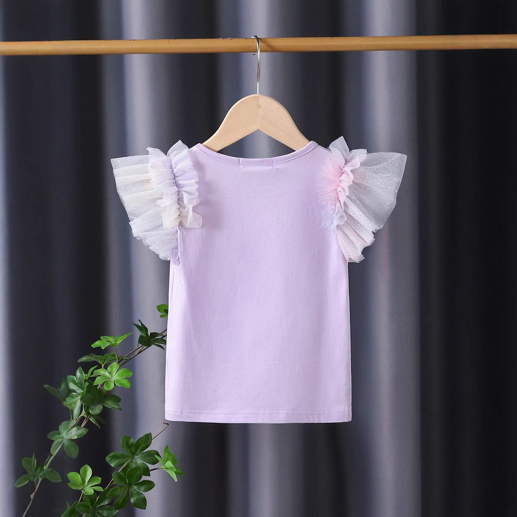Mädchen T-Shirt mit funkelndem Schmetterlingsmotiv und Rüschendetails Drune