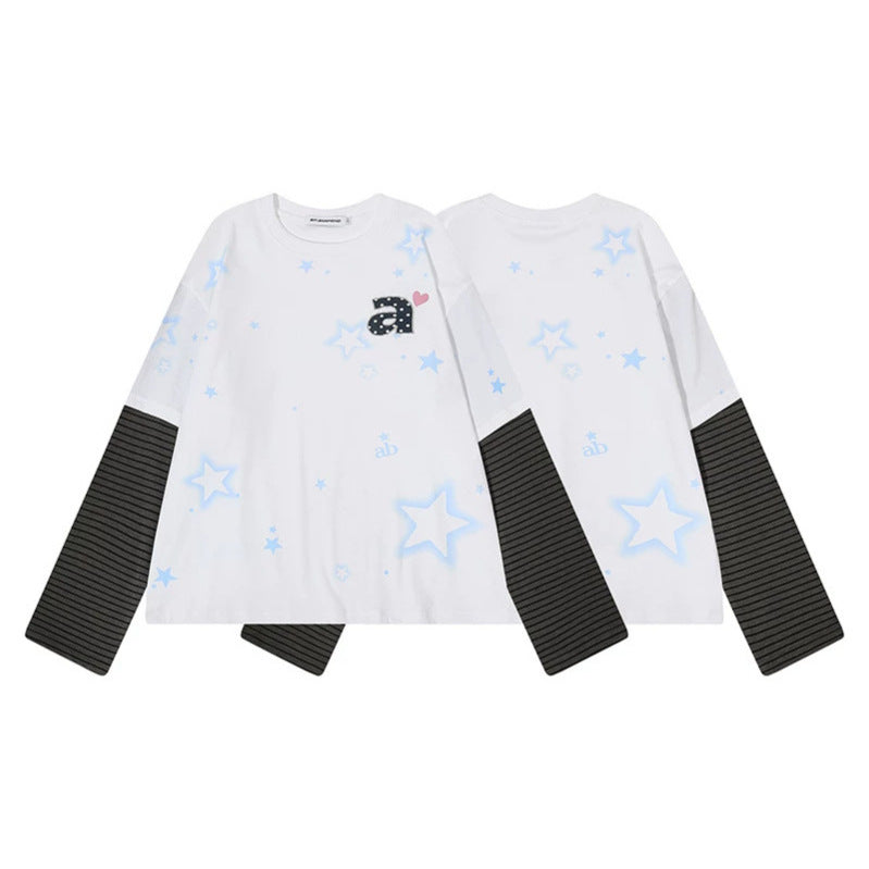 Damen Layered-Langarmshirt mit gestreiften Einsatzärmeln, Stern-Print und Applikation Drune