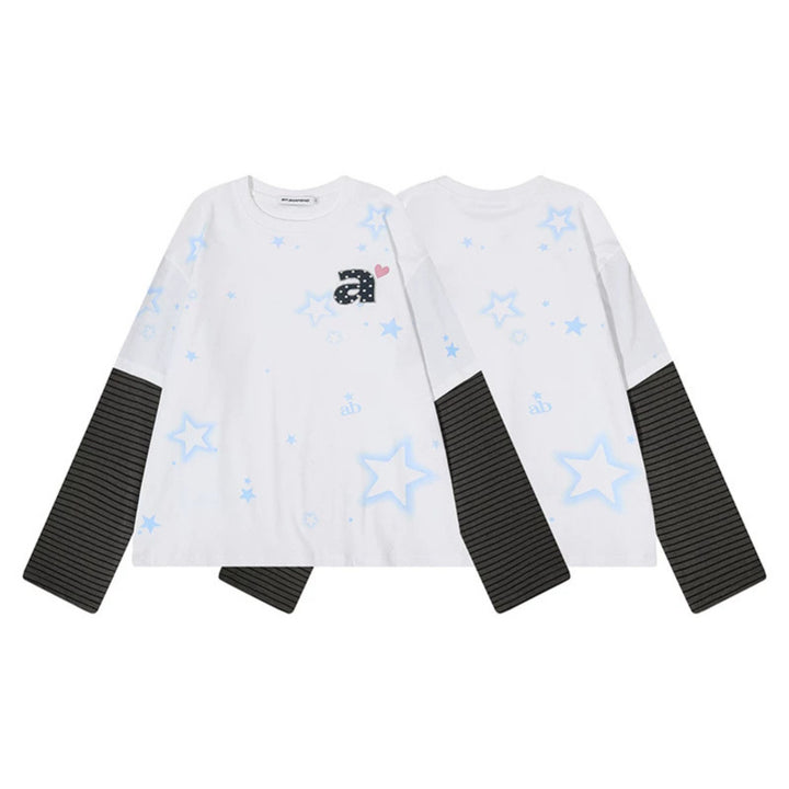 Damen Layered-Langarmshirt mit gestreiften Einsatzärmeln, Stern-Print und Applikation Drune