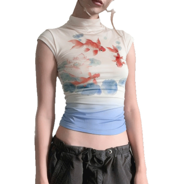 Damen Kurzarmshirt mit floralem Motiv und hochgeschlossenem Kragen Drune