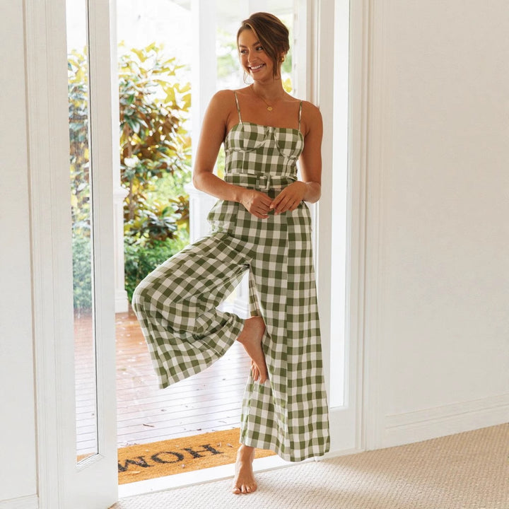Damen Jumpsuit mit Gingham-Muster und Taillengürtel Drune