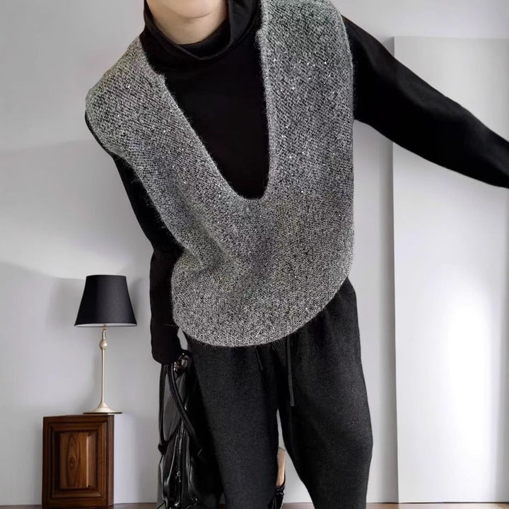 Damen Modische Strickweste mit tiefem V-Ausschnitt und kreativem Schnitt Drune