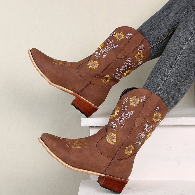 Damen Western-Stiefel mit bestickten Sonnenblumen und komfortablem Blockabsatz Drune