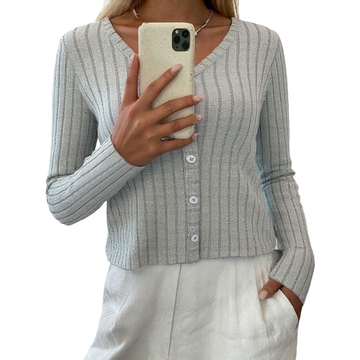 Damen gerippter taillierter V‑Ausschnitt Knopfcardigan Feinstrick Drune