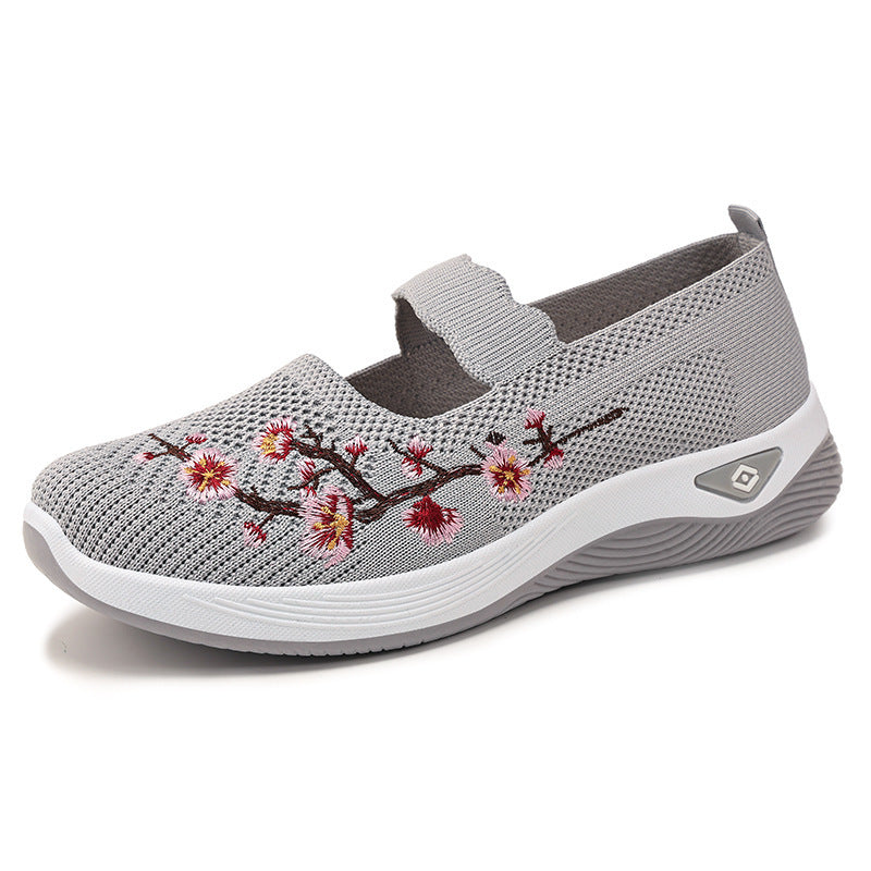 Damen nan bestickter Komfort-Ballerina mit elastischem Mary-Jane-Riemen, atmungsaktivem Strickoberteil und stoßdämpfender EVA-Keilsohle Drune
