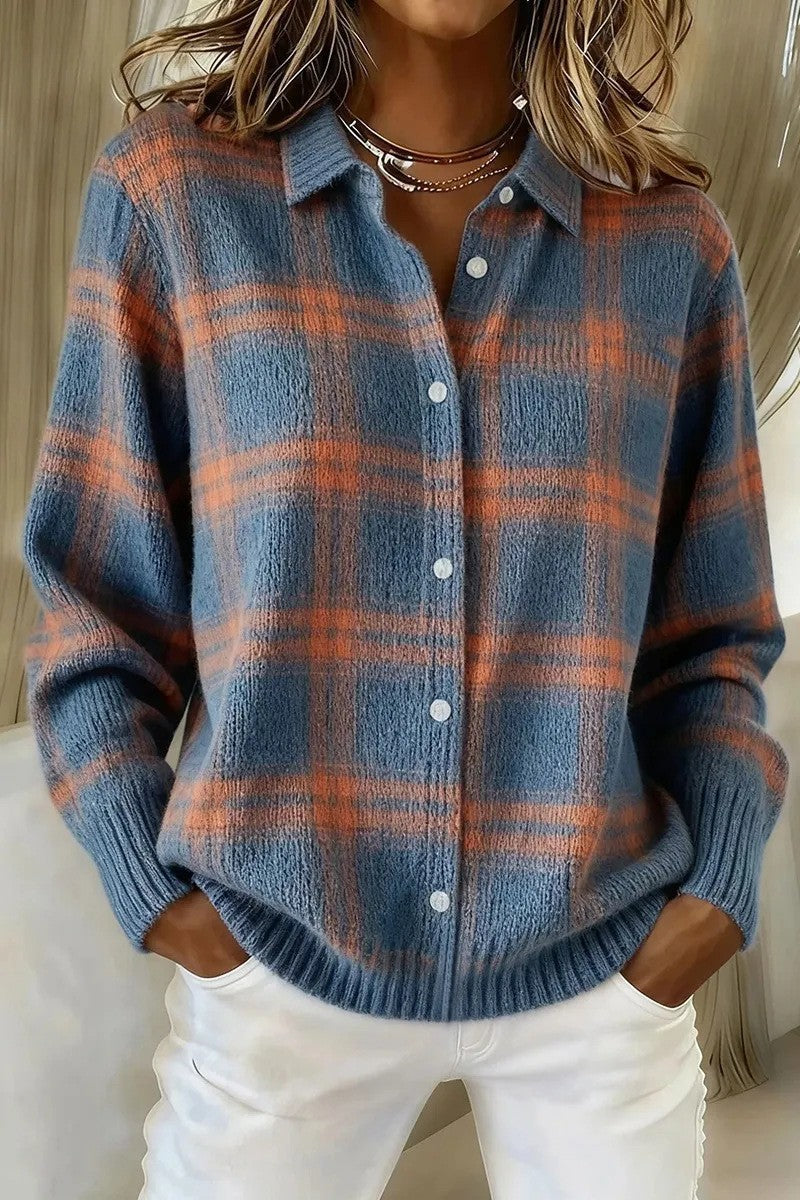 Damen Kariertes Strick-Hemdjacke-Cardigan mit Hemdkragen und gerippten Bündchen Drune