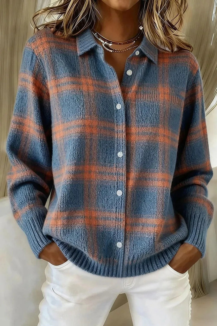 Damen Kariertes Strick-Hemdjacke-Cardigan mit Hemdkragen und gerippten Bündchen Drune