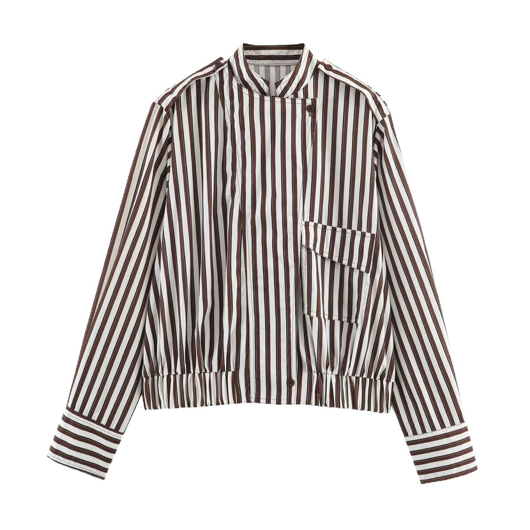 Damen Gestreifte Cropped‑Hemdblusen‑Jacke mit Stehkragen, asymmetrischer Klappentasche und elastischem Saum Drune