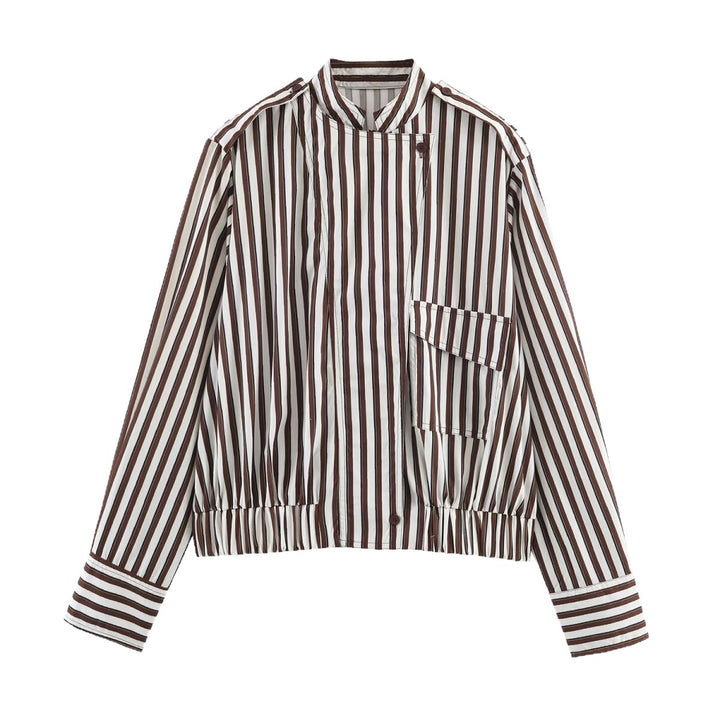 Damen Gestreifte Cropped‑Hemdblusen‑Jacke mit Stehkragen, asymmetrischer Klappentasche und elastischem Saum Drune
