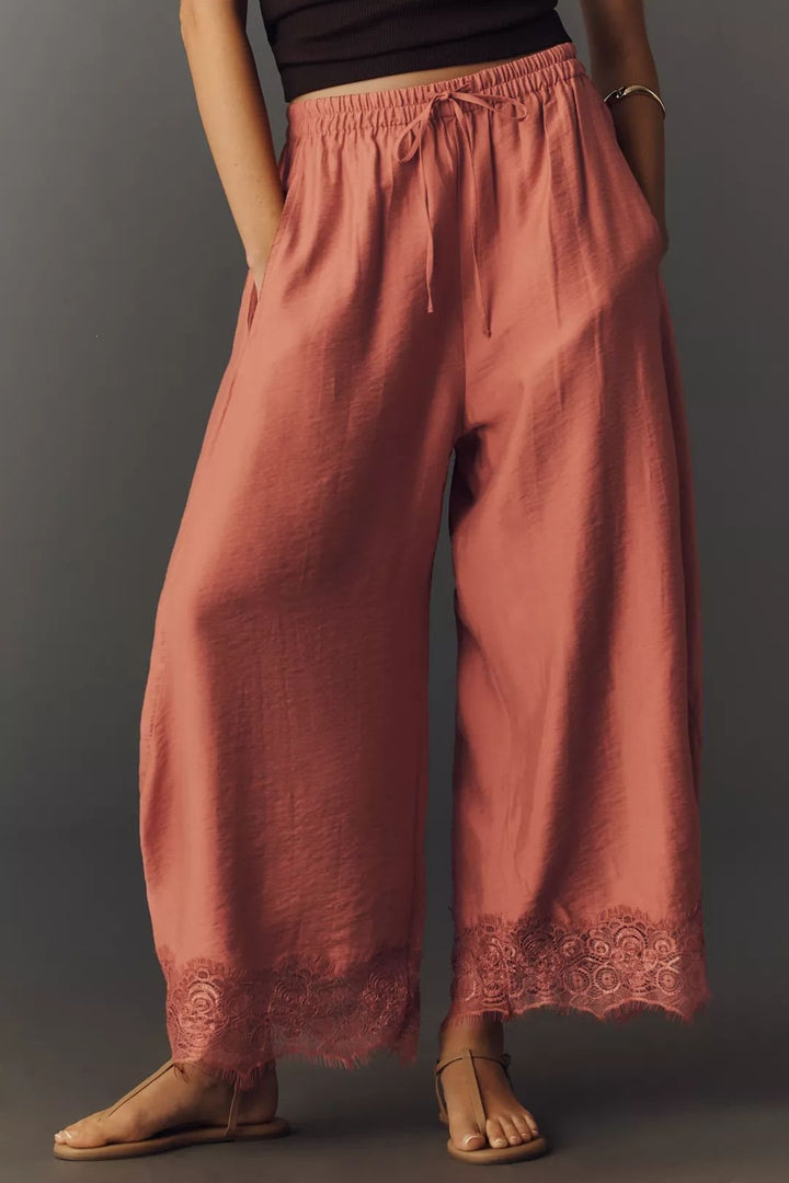 Damen Weite Palazzo-Hose mit elastischem Tunnelzugbund und Spitzenbesatz Drune