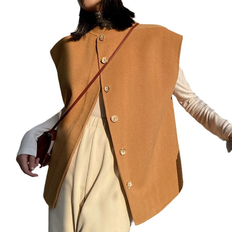 Damen Oversize-Weste mit Stehkragen, kastiger Silhouette und Knopfleiste Drune